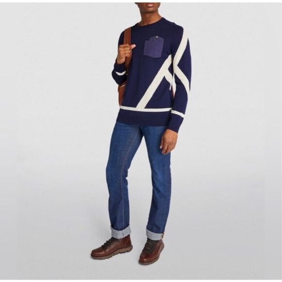 Alps & Meters Touring Ski Sweater size Large Merino Wool Blue White Stripe - Picture 1 of 8